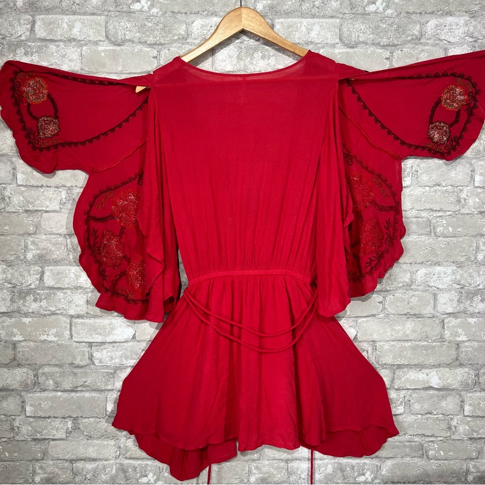 Free People Women's Small Cora Mini Dress Red Floral Embroidery Flutter Sleeve - Picture 6 of 15